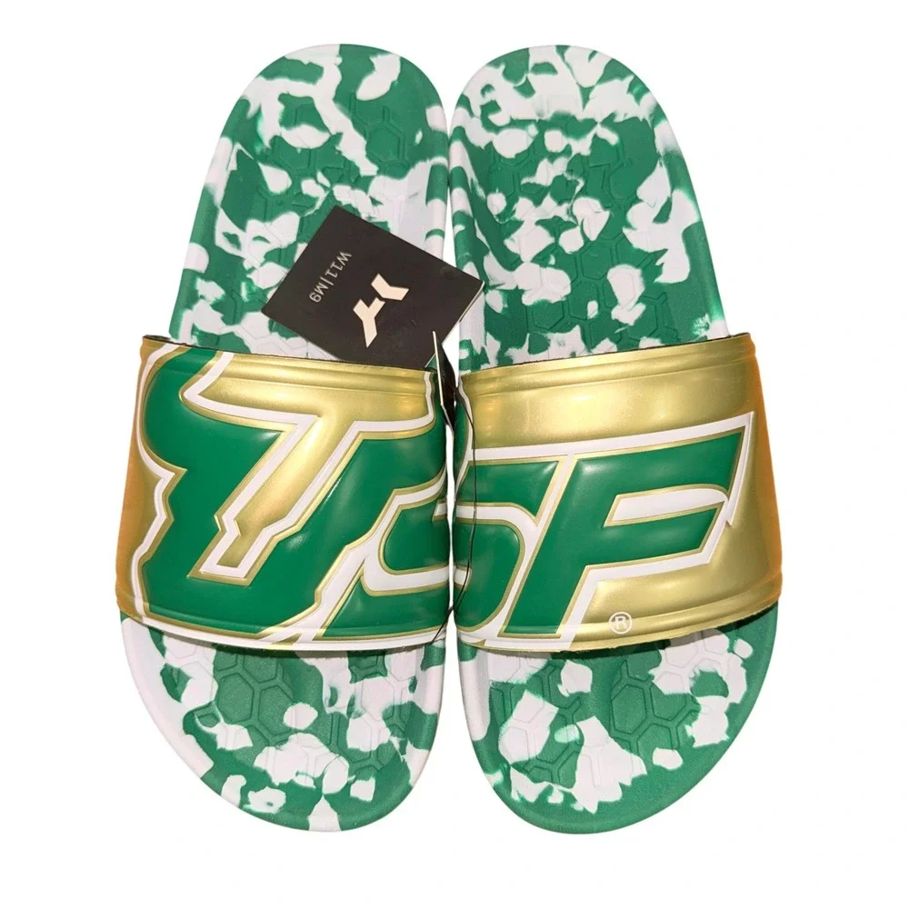 NEW Hype Co USF Slyder Sandals Mens 9 / Womens 11 Slides Bulls Green Gold Marble